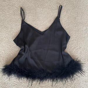 Y2K Black Satin Feather Trim Going Out Top - Size L